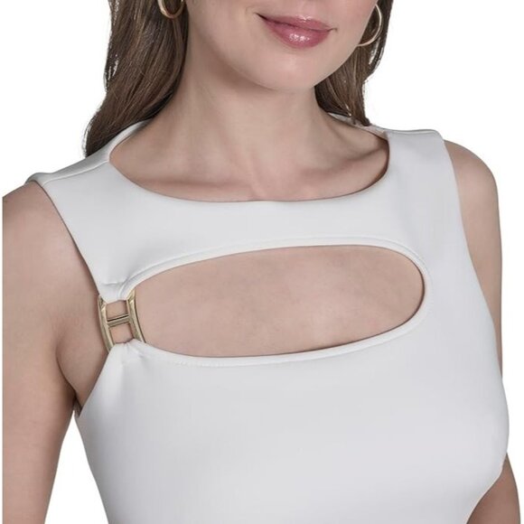 New H HALSTON White Womens Sleeveless Open Neckline Scuba Dress sz 2 NWT /218 - Picture 3 of 11